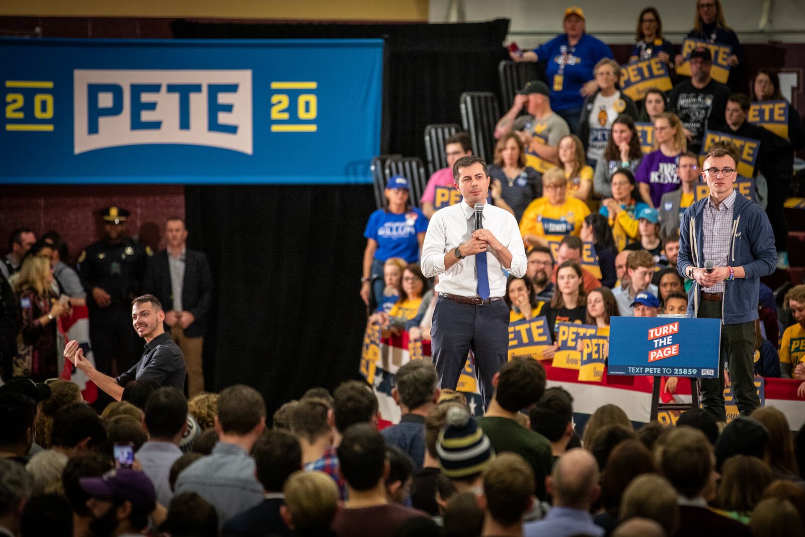 Pete Buttigieg addressing a campaign rally at Lincoln High School in Des Moines on the eve of the 2020 Iowa caucuses.